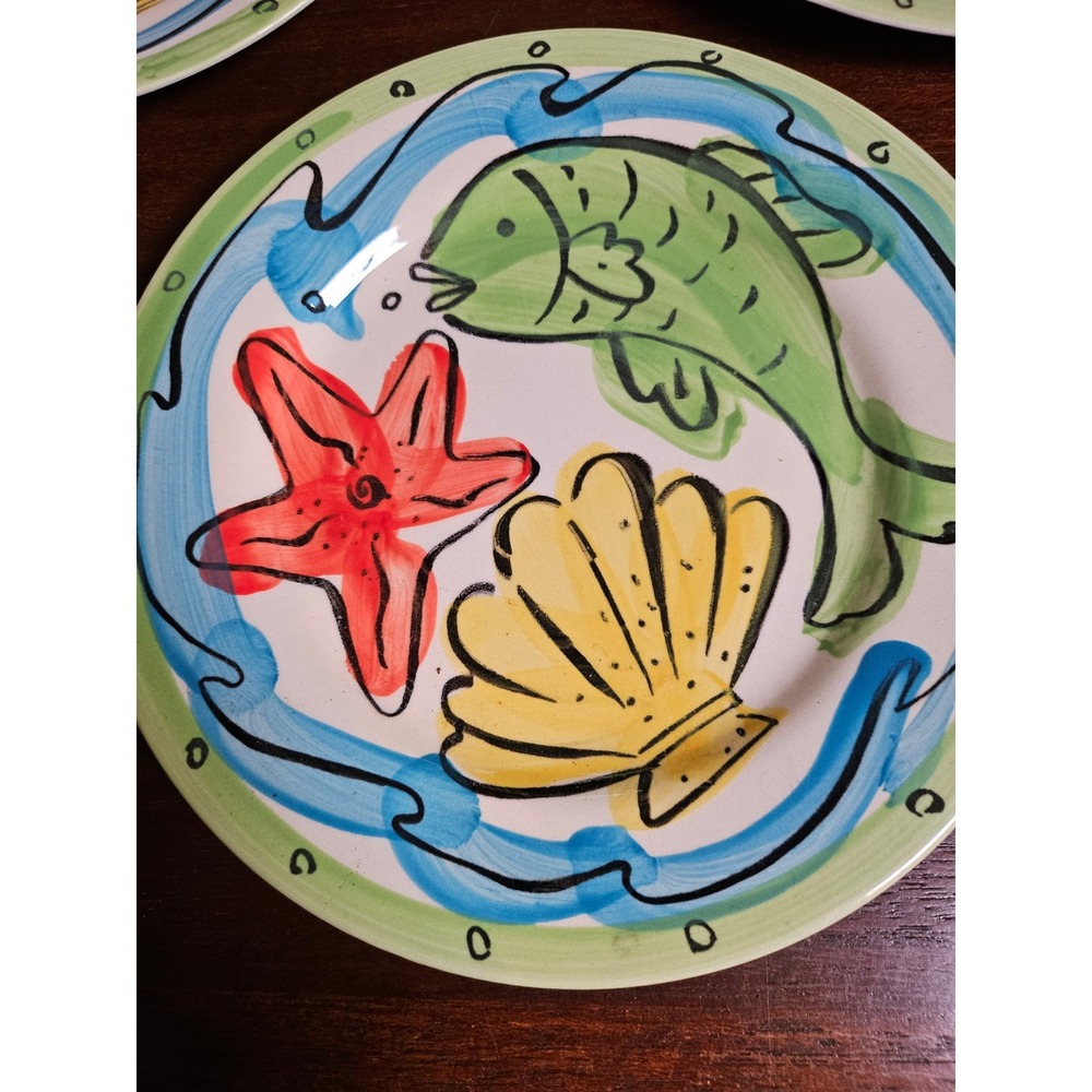 Sango Key West Salad Plates Set of 5 Green Red Nautical Fish Starfish 8in - Picture 3 of 7